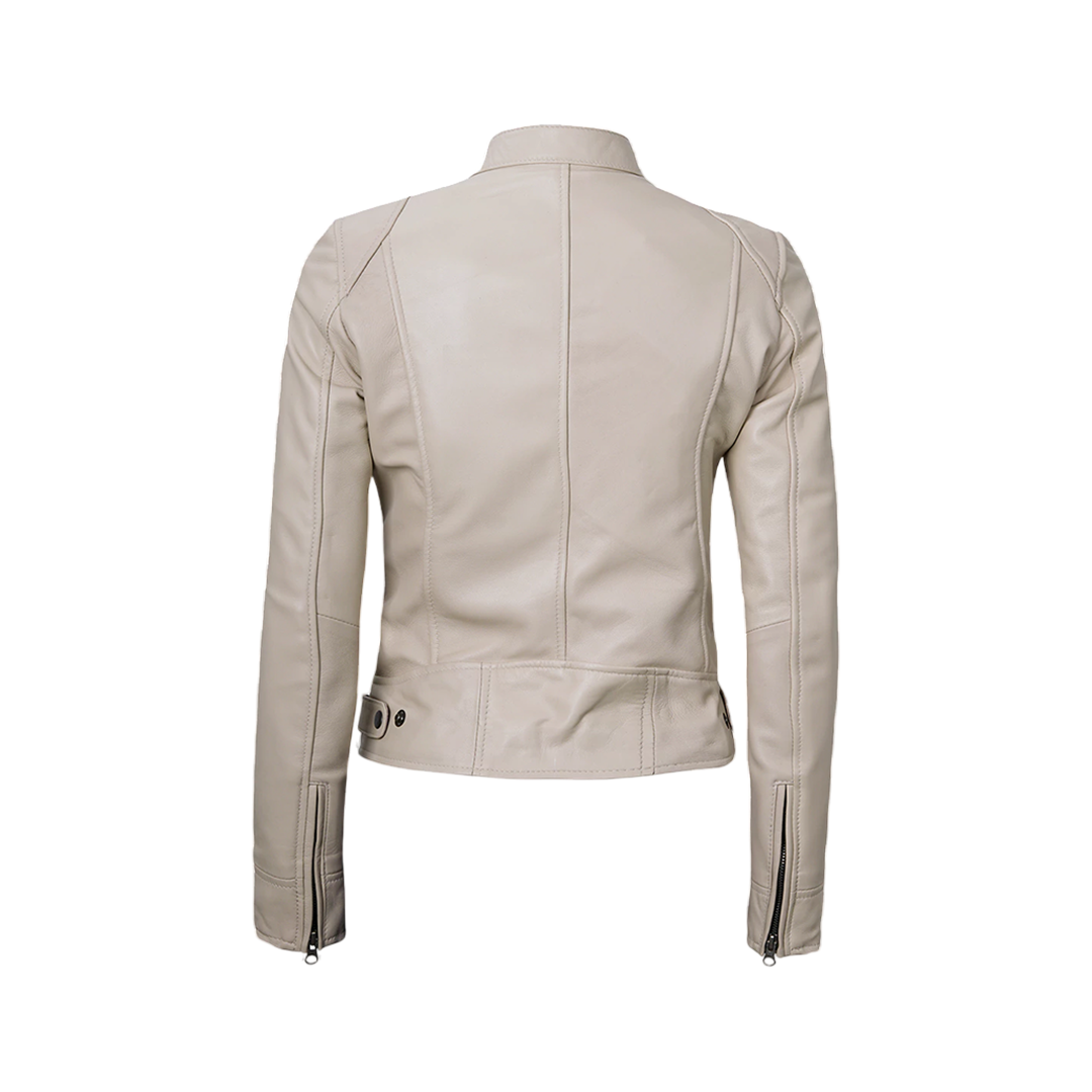 Dodge Women's Cafe Racer Beige Leather Jacket