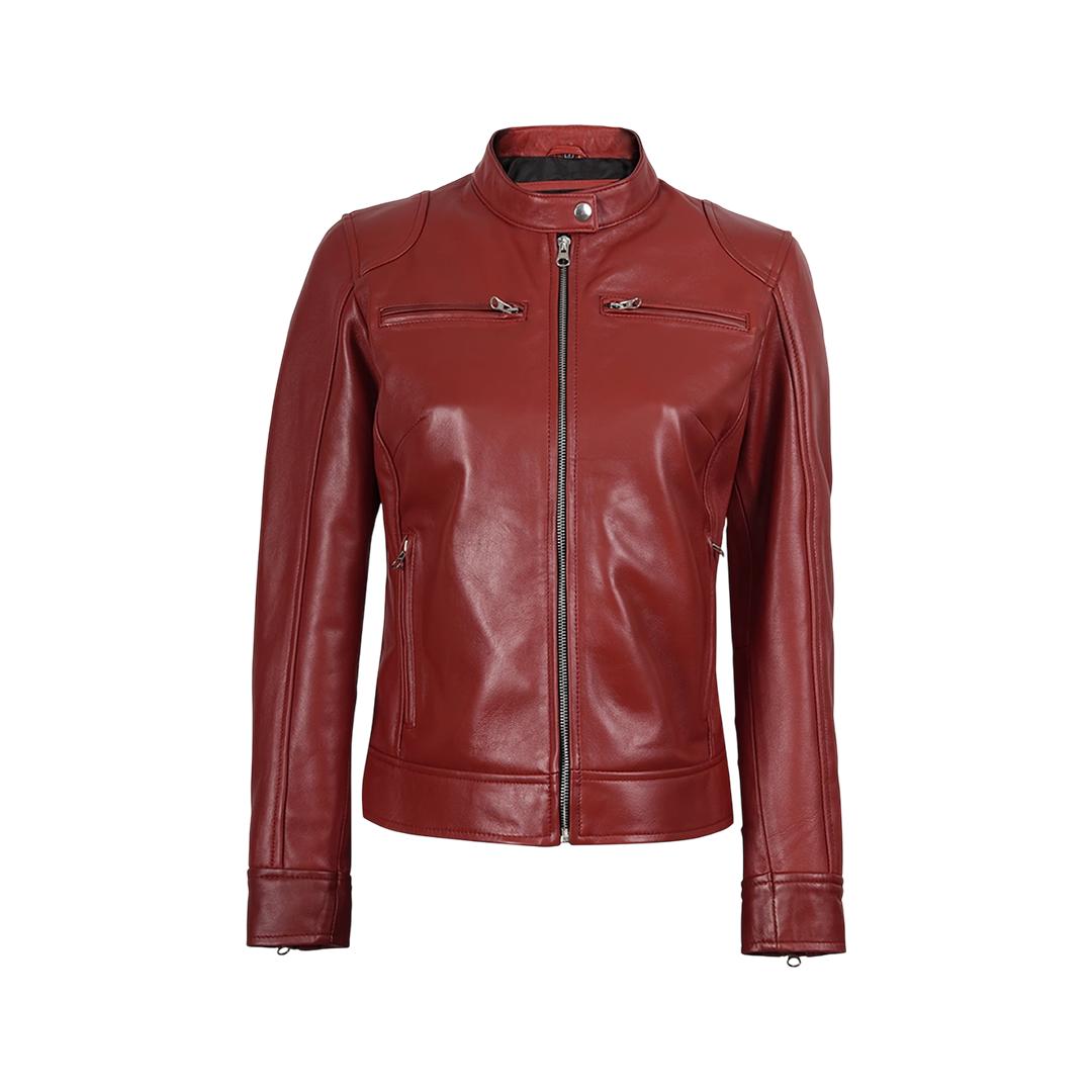 Dodge Women's Cafe Racer Red Leather Jacket