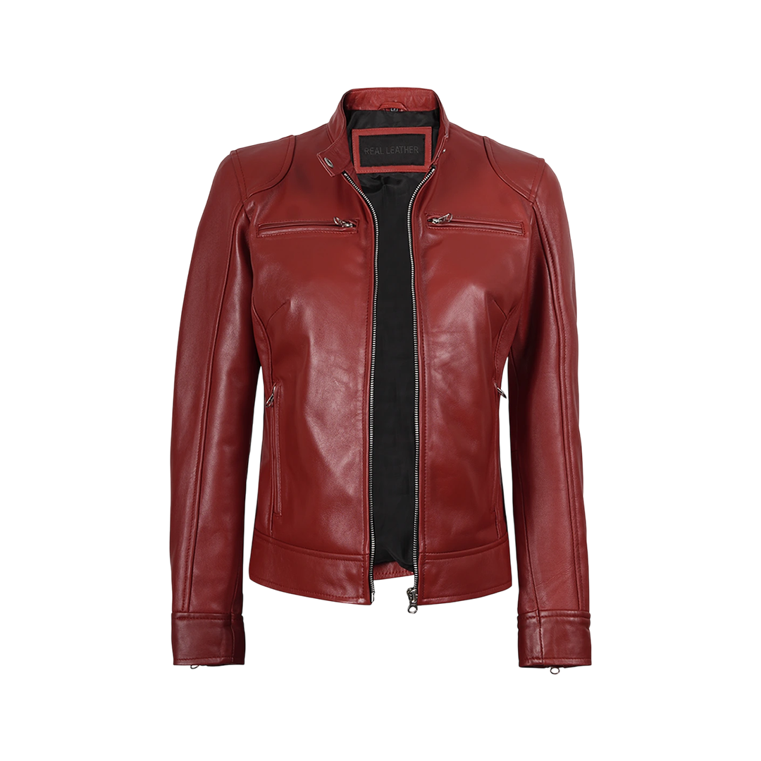 Dodge Women's Cafe Racer Red Leather Jacket