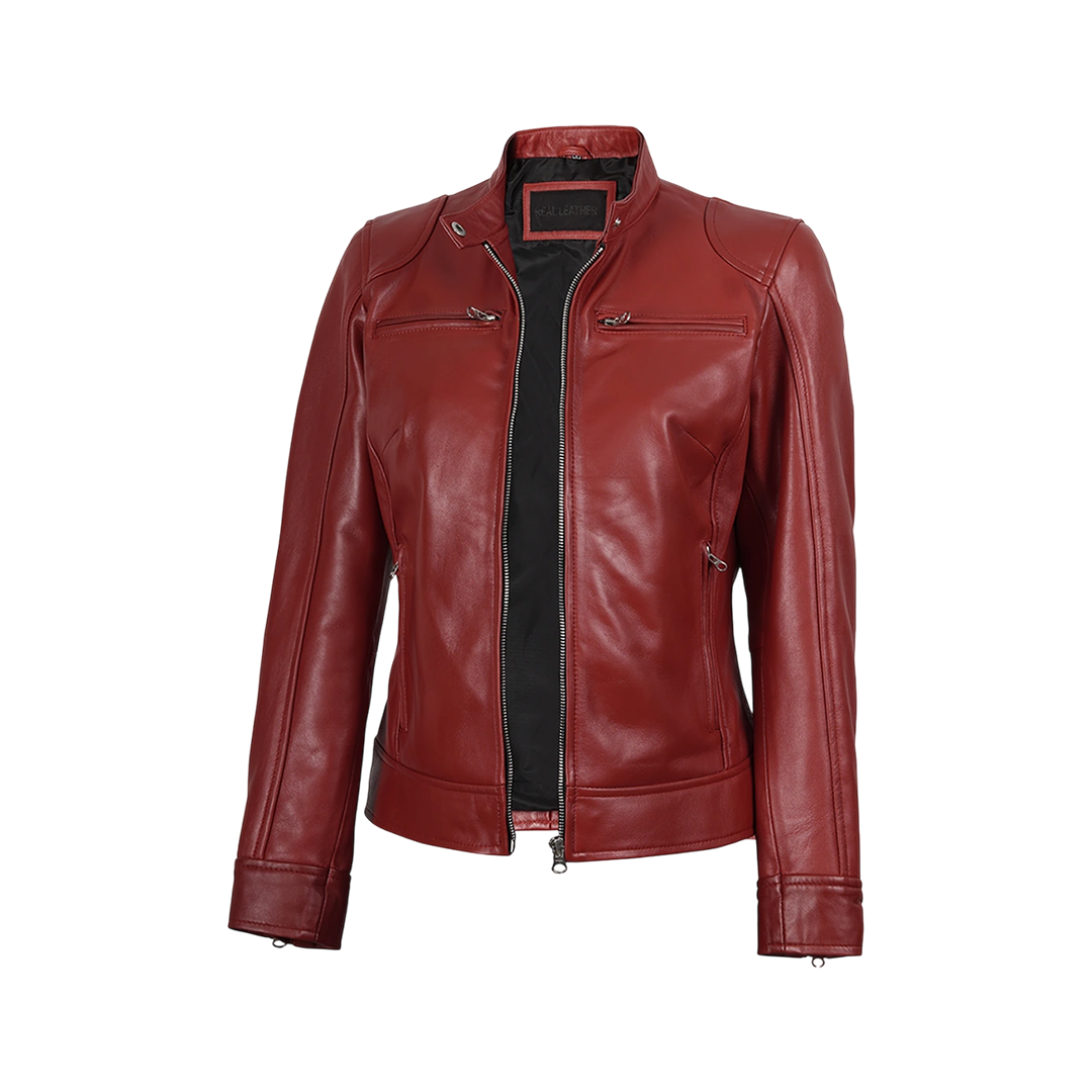 Dodge Women's Cafe Racer Red Leather Jacket