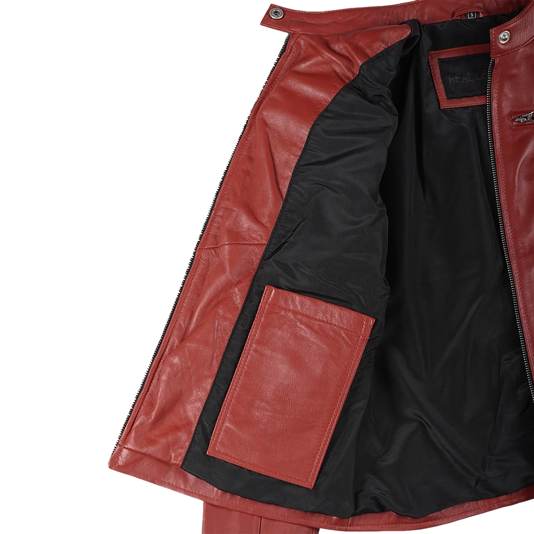 Dodge Women's Cafe Racer Red Leather Jacket