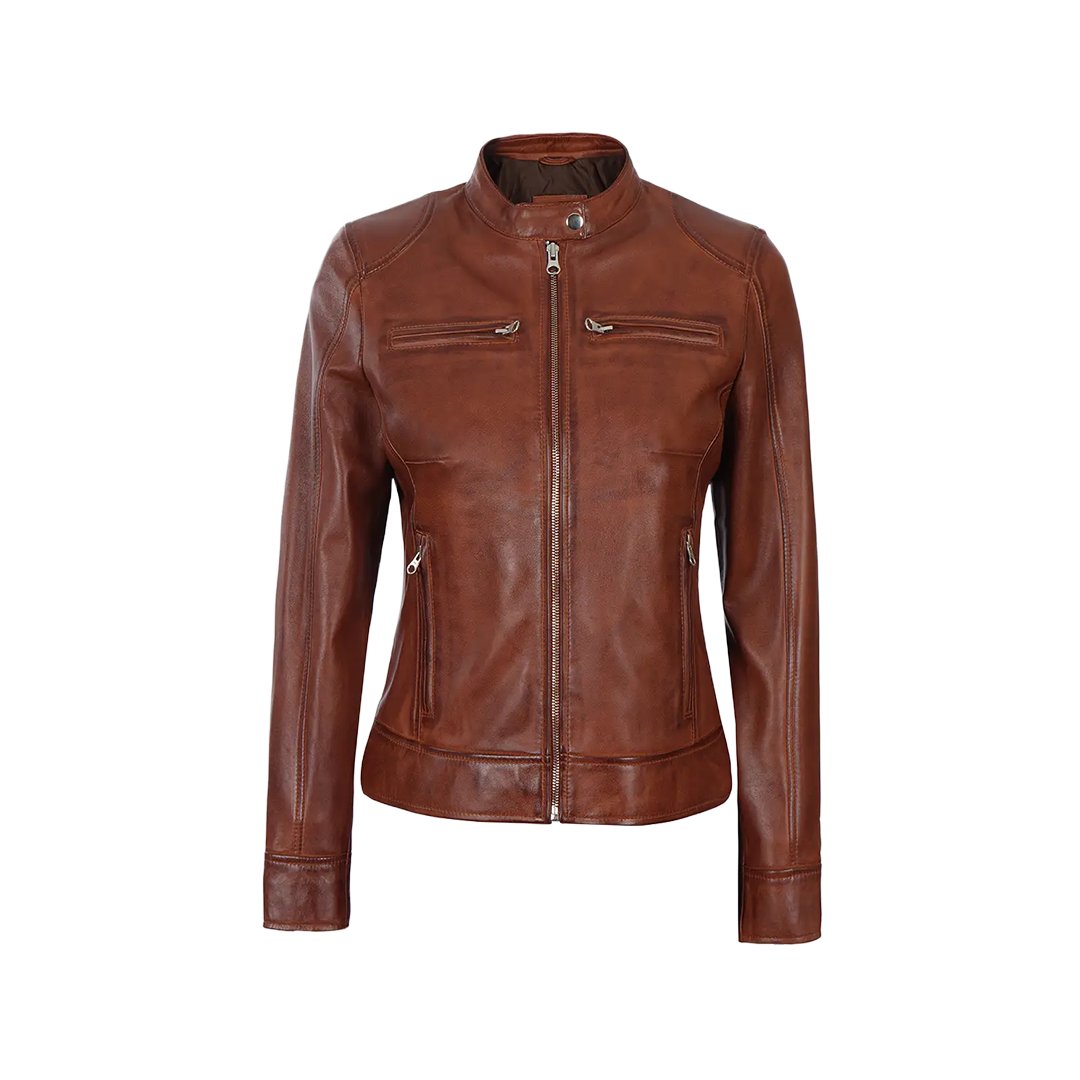 Dodge Women's Cognac Wax Brown Leather Jacket