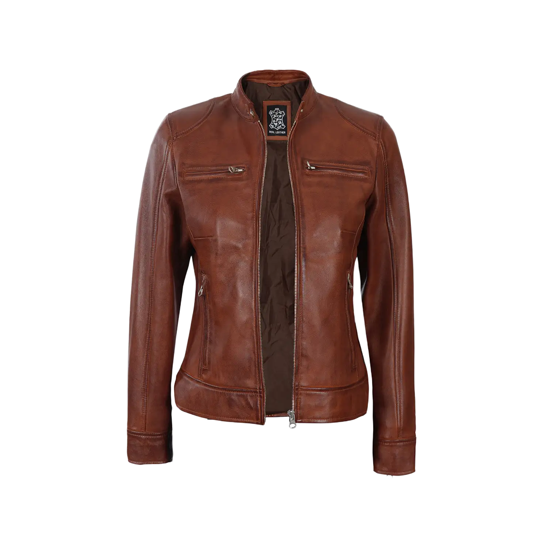 Dodge Women's Cognac Wax Brown Leather Jacket