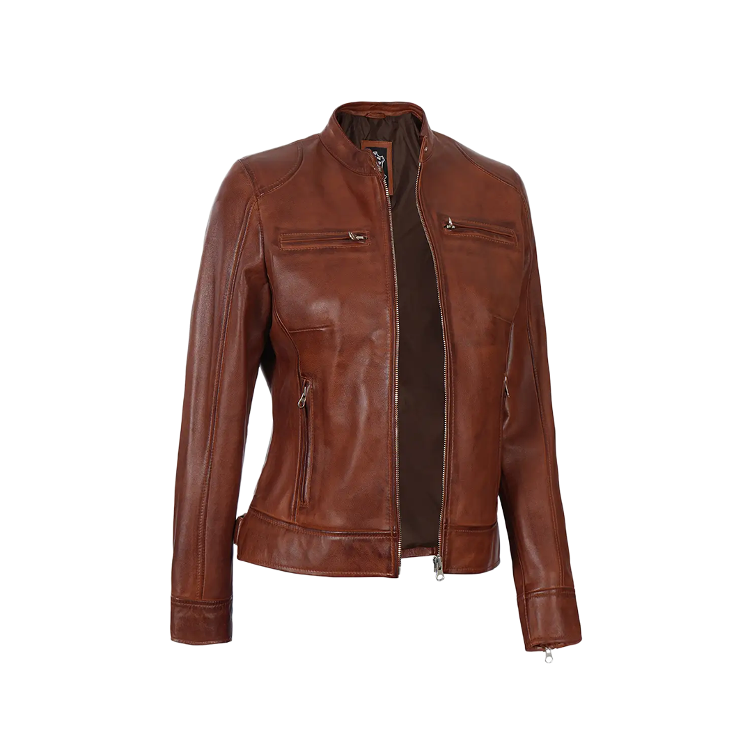 Dodge Women's Cognac Wax Brown Leather Jacket
