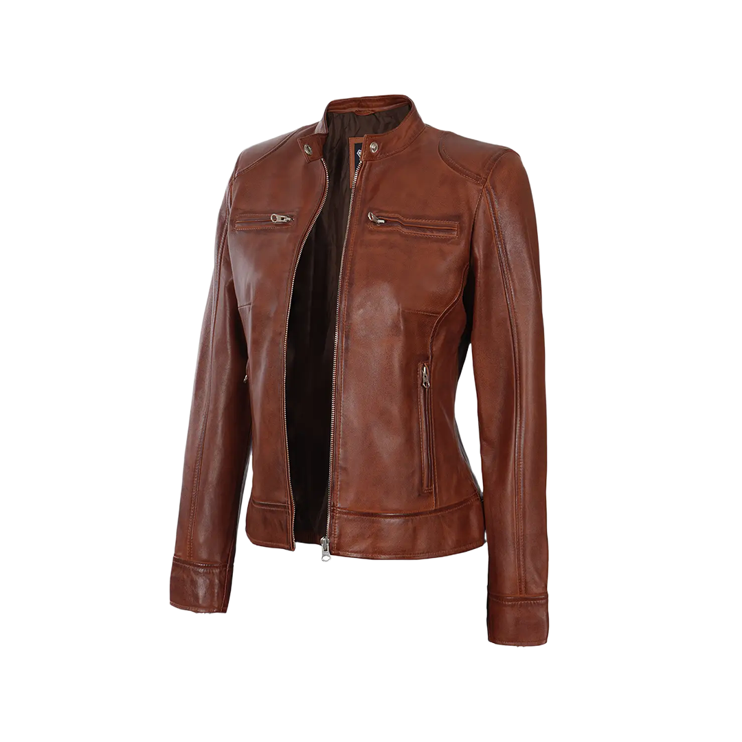 Dodge Women's Cognac Wax Brown Leather Jacket