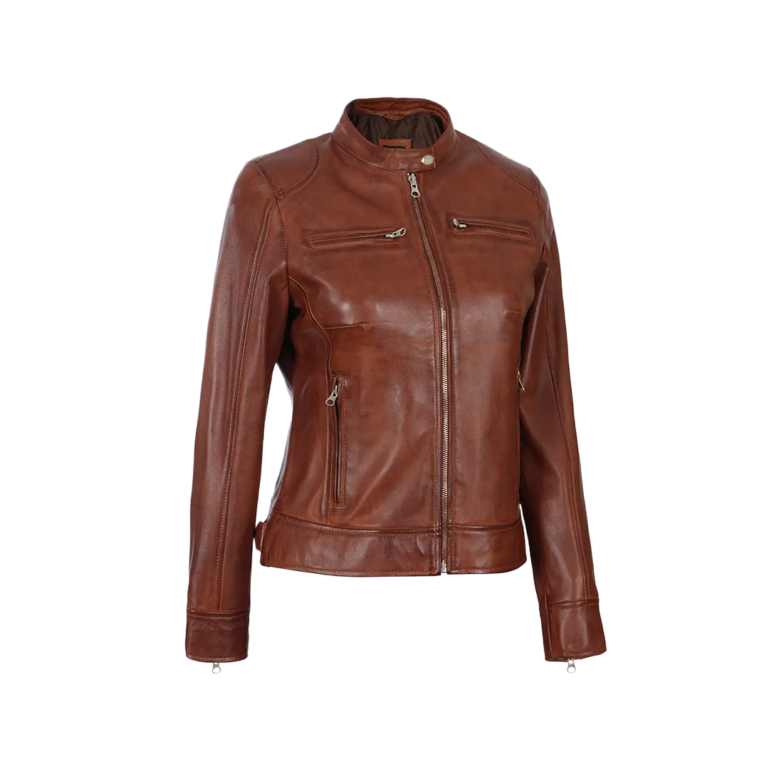 Dodge Women's Cognac Wax Brown Leather Jacket