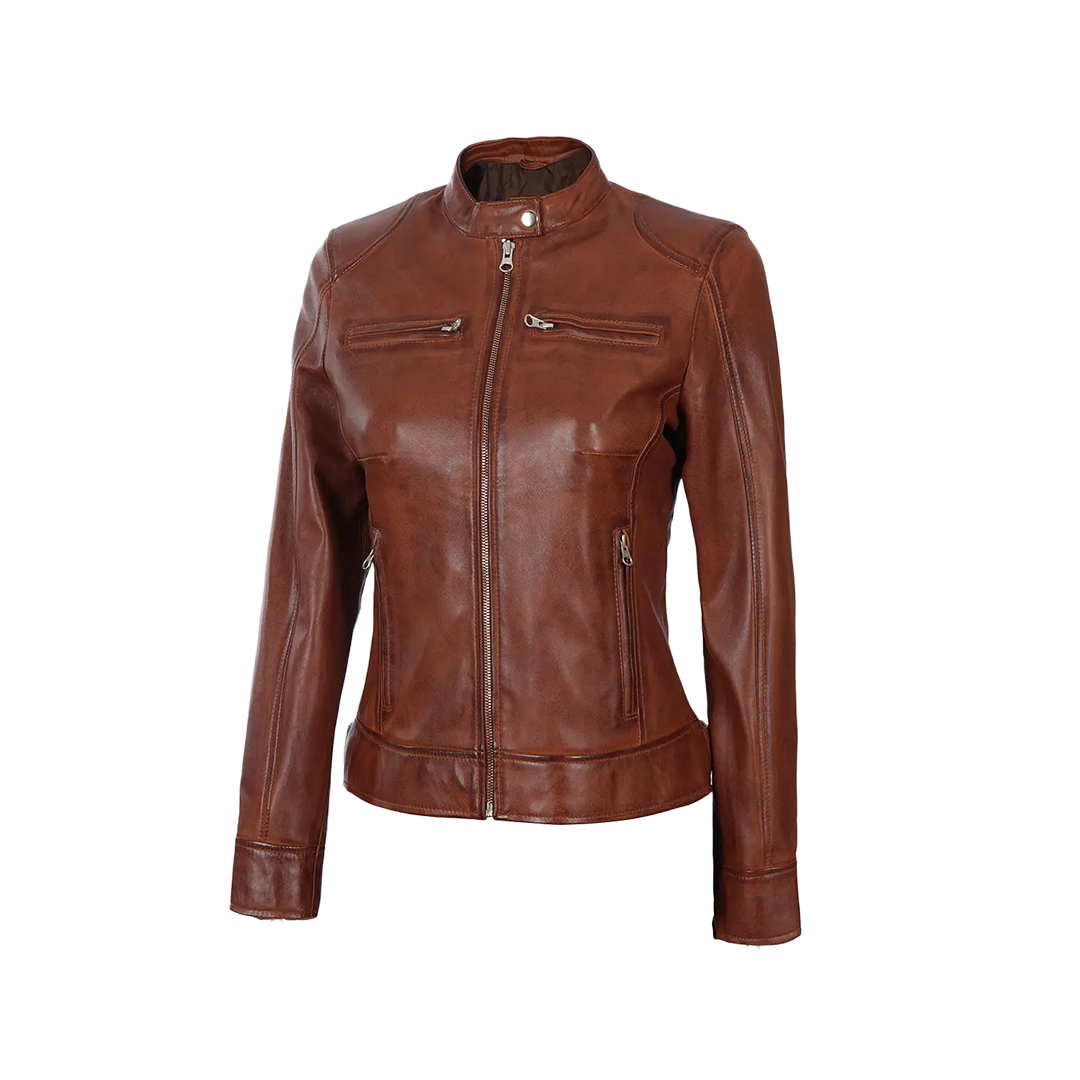 Dodge Women's Cognac Wax Brown Leather Jacket