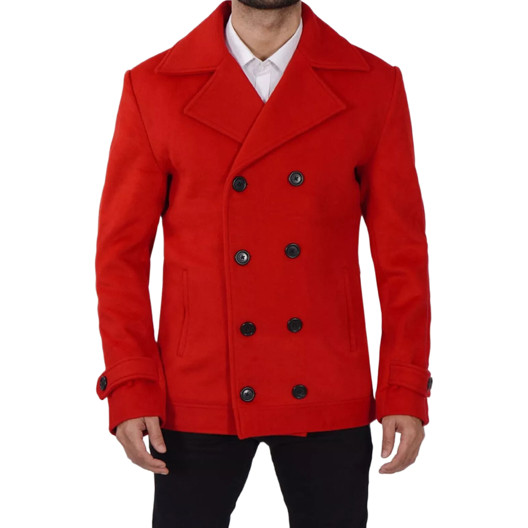 Double Breasted Wool Red Pea Coat Men - New Arrival - Christmas Special