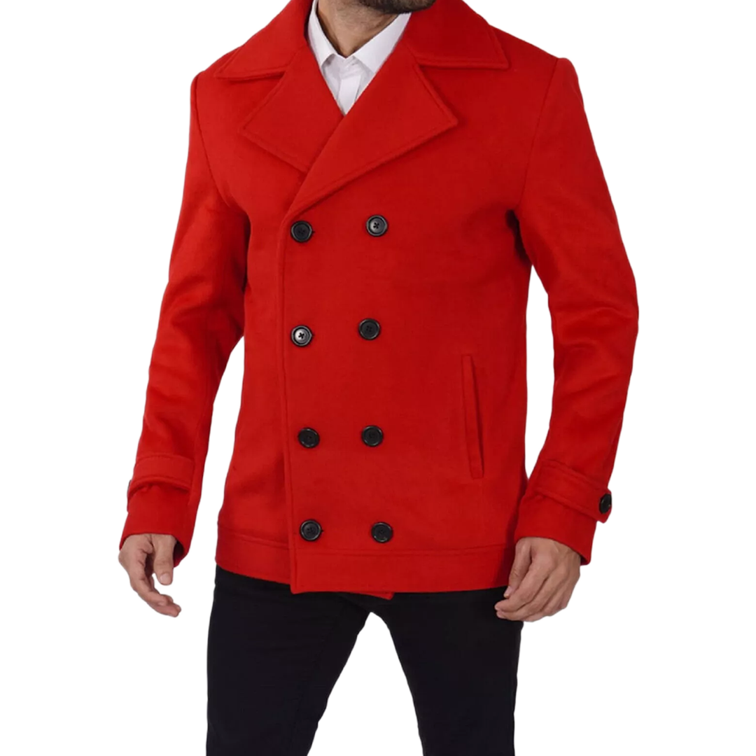 Double Breasted Wool Red Pea Coat Men - New Arrival - Christmas Special