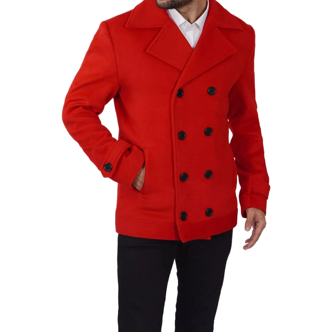 Double Breasted Wool Red Pea Coat Men - New Arrival - Christmas Special