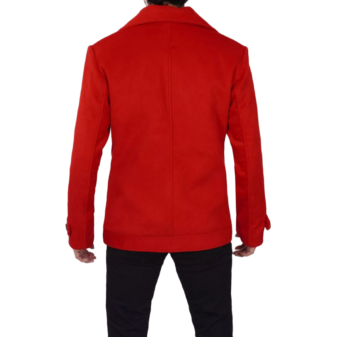 Double Breasted Wool Red Pea Coat Men - New Arrival - Christmas Special