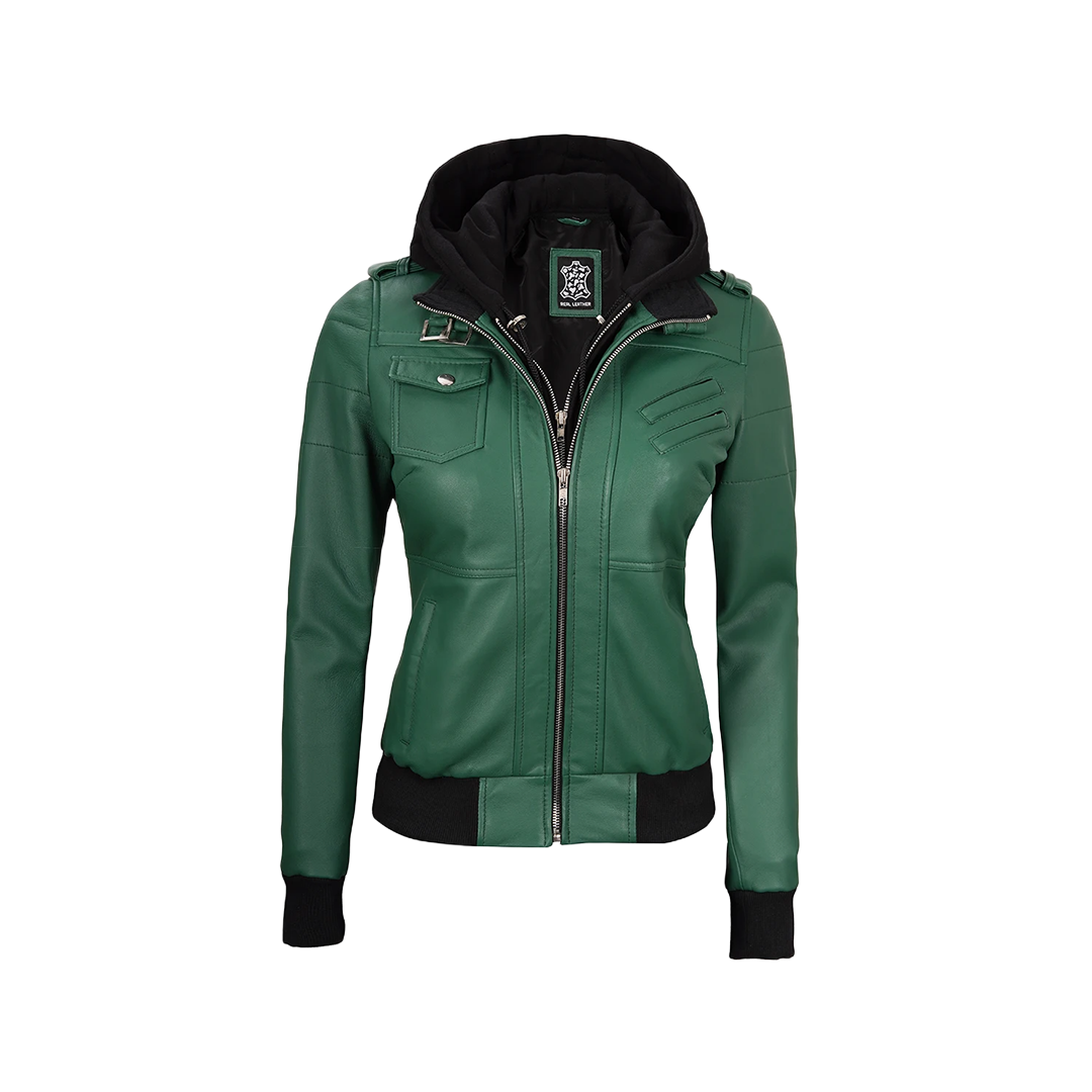 Edinburgh Green Women's Leather Jacket with Removable Hood