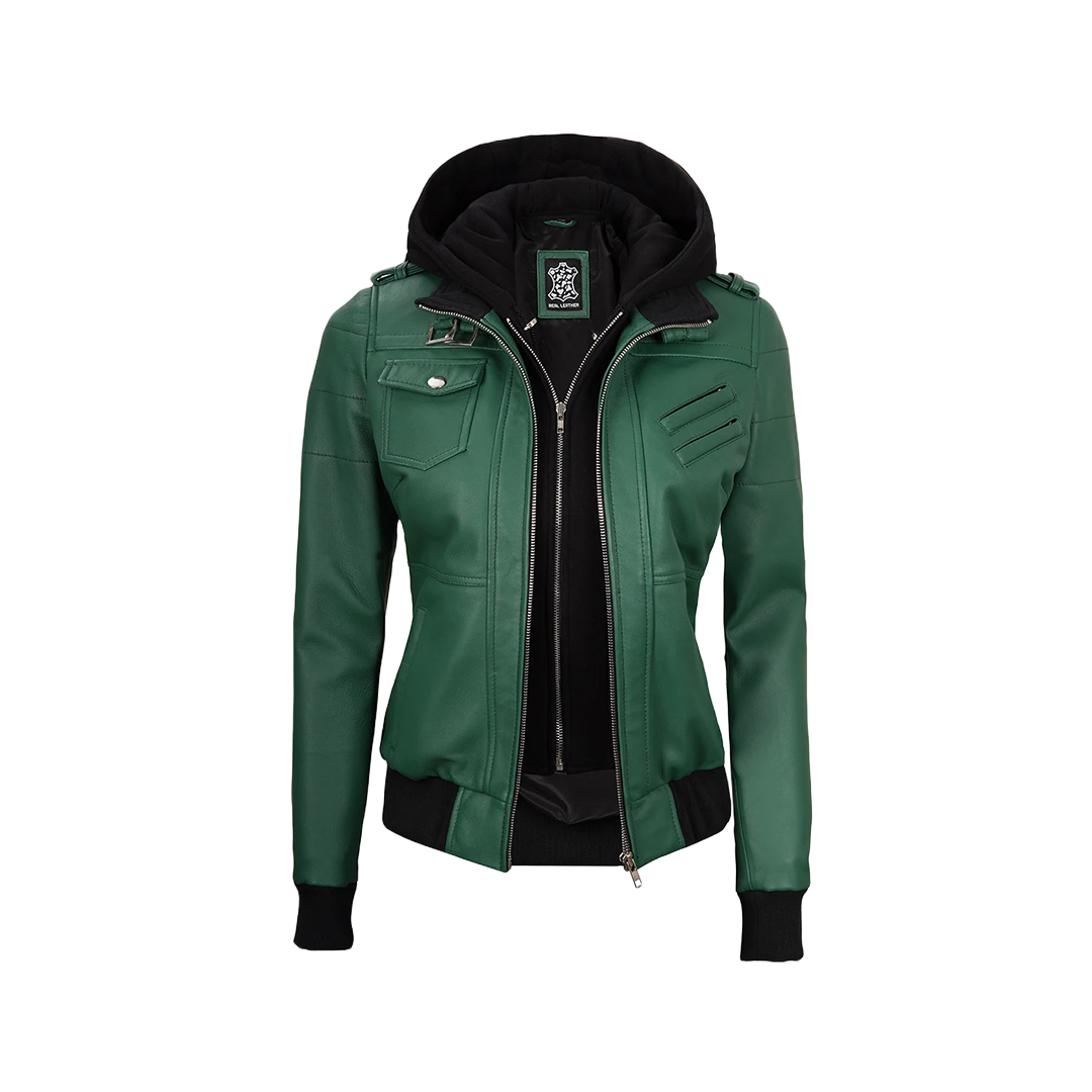 Edinburgh Green Women's Leather Jacket with Removable Hood