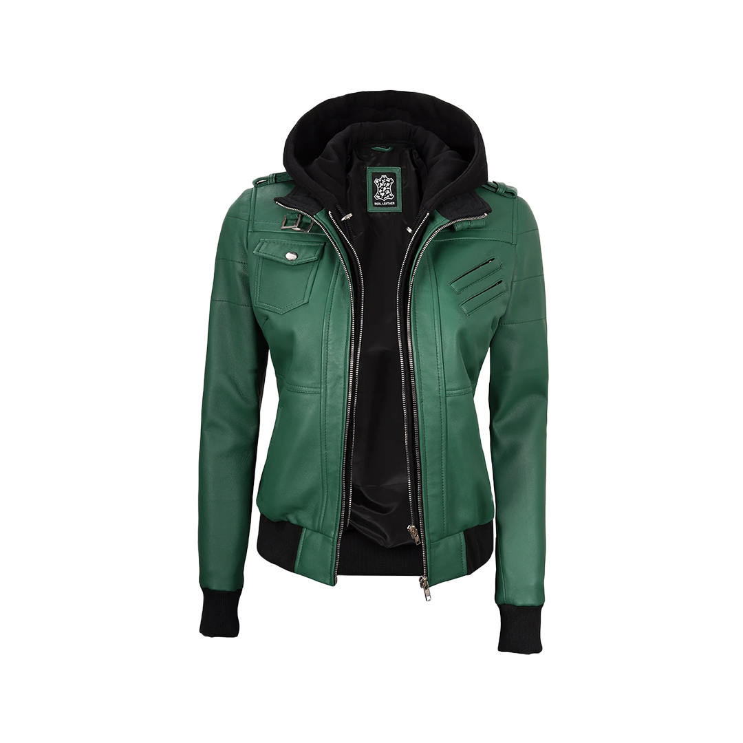 Edinburgh Green Women's Leather Jacket with Removable Hood