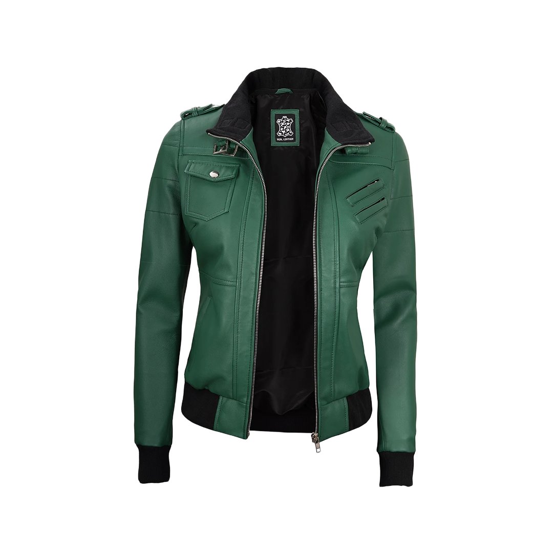 Edinburgh Green Women's Leather Jacket with Removable Hood