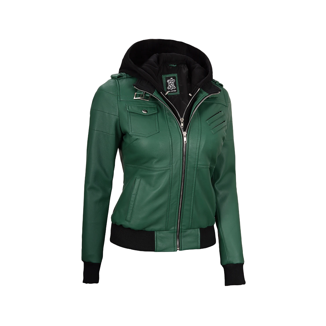Edinburgh Green Women's Leather Jacket with Removable Hood