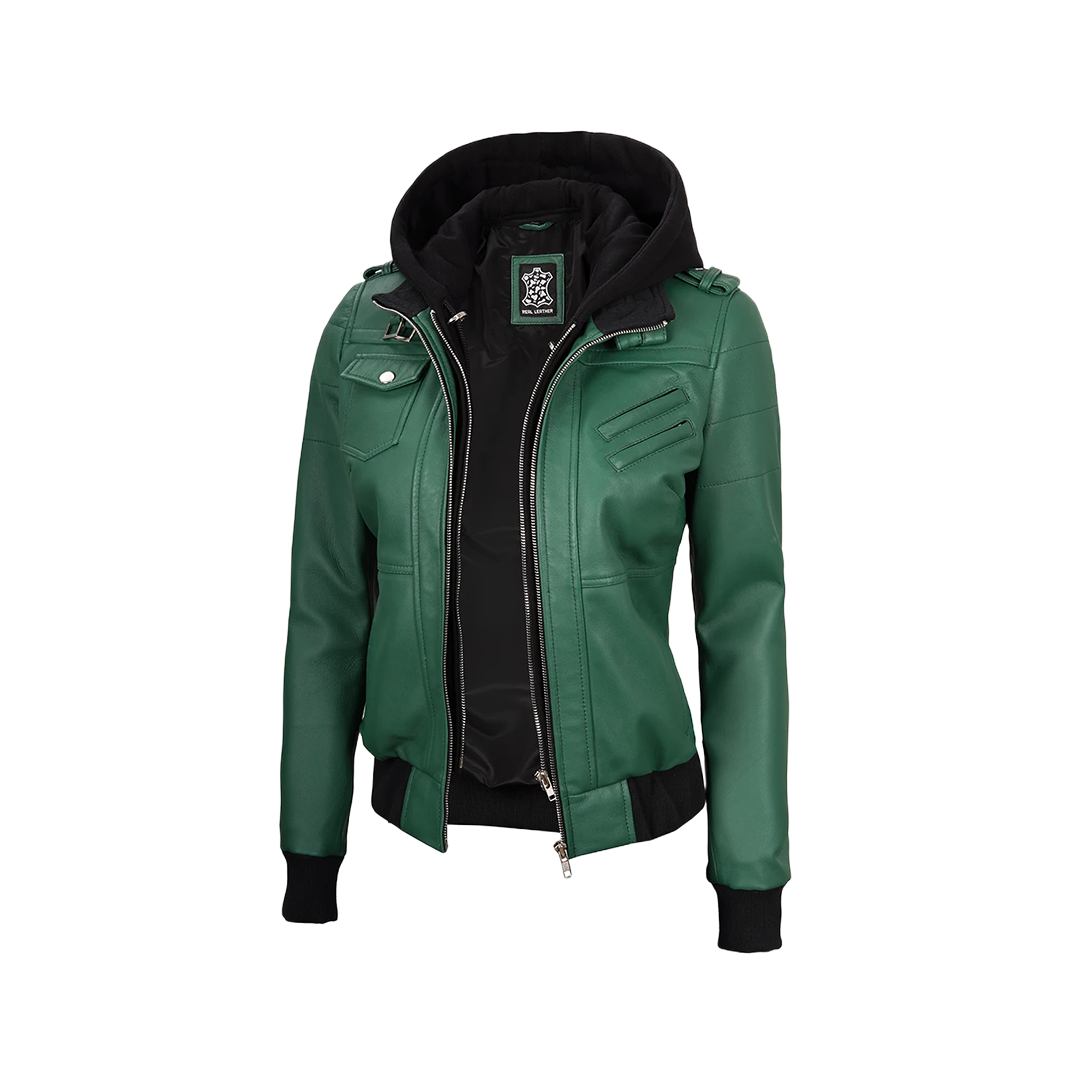Edinburgh Green Women's Leather Jacket with Removable Hood