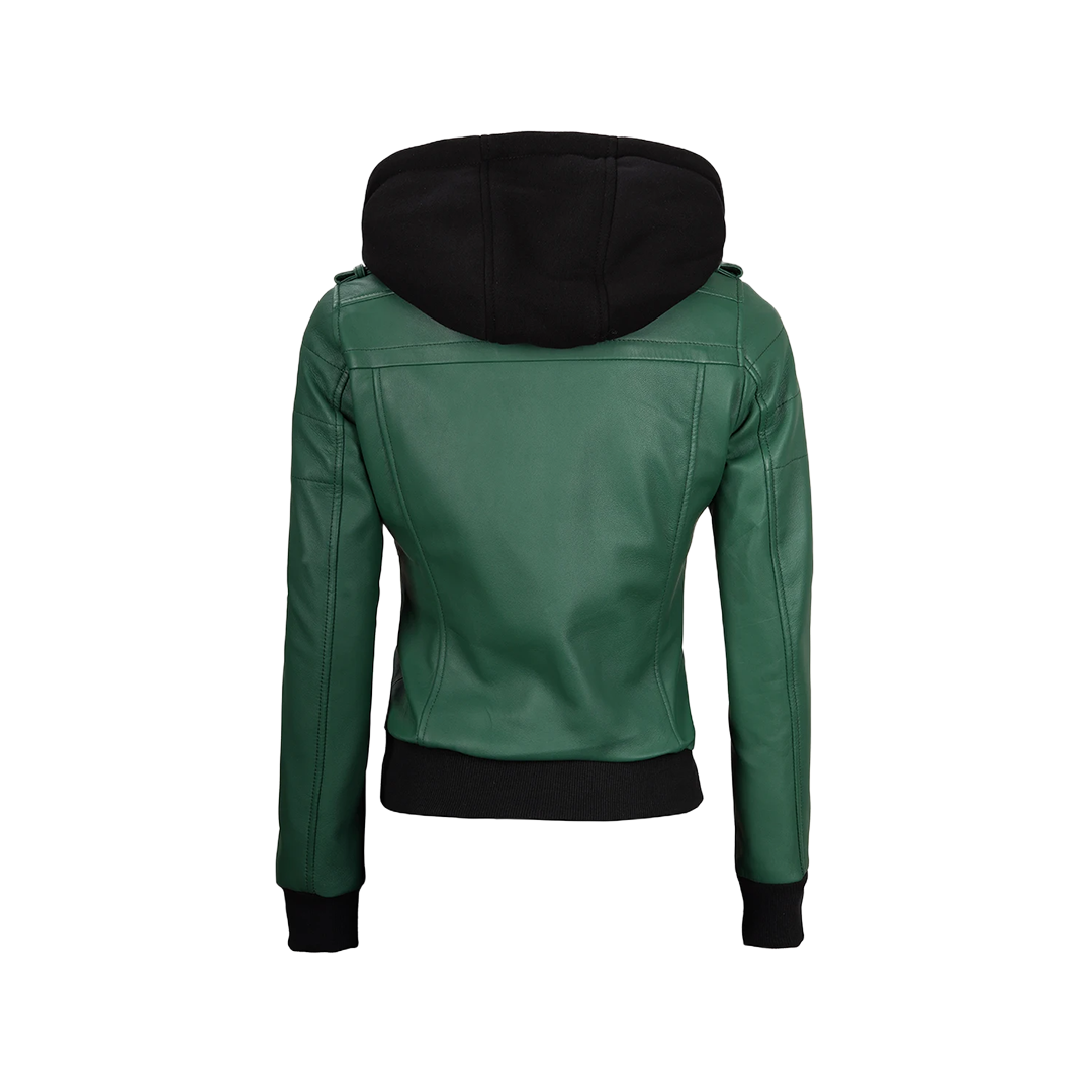 Edinburgh Green Women's Leather Jacket with Removable Hood