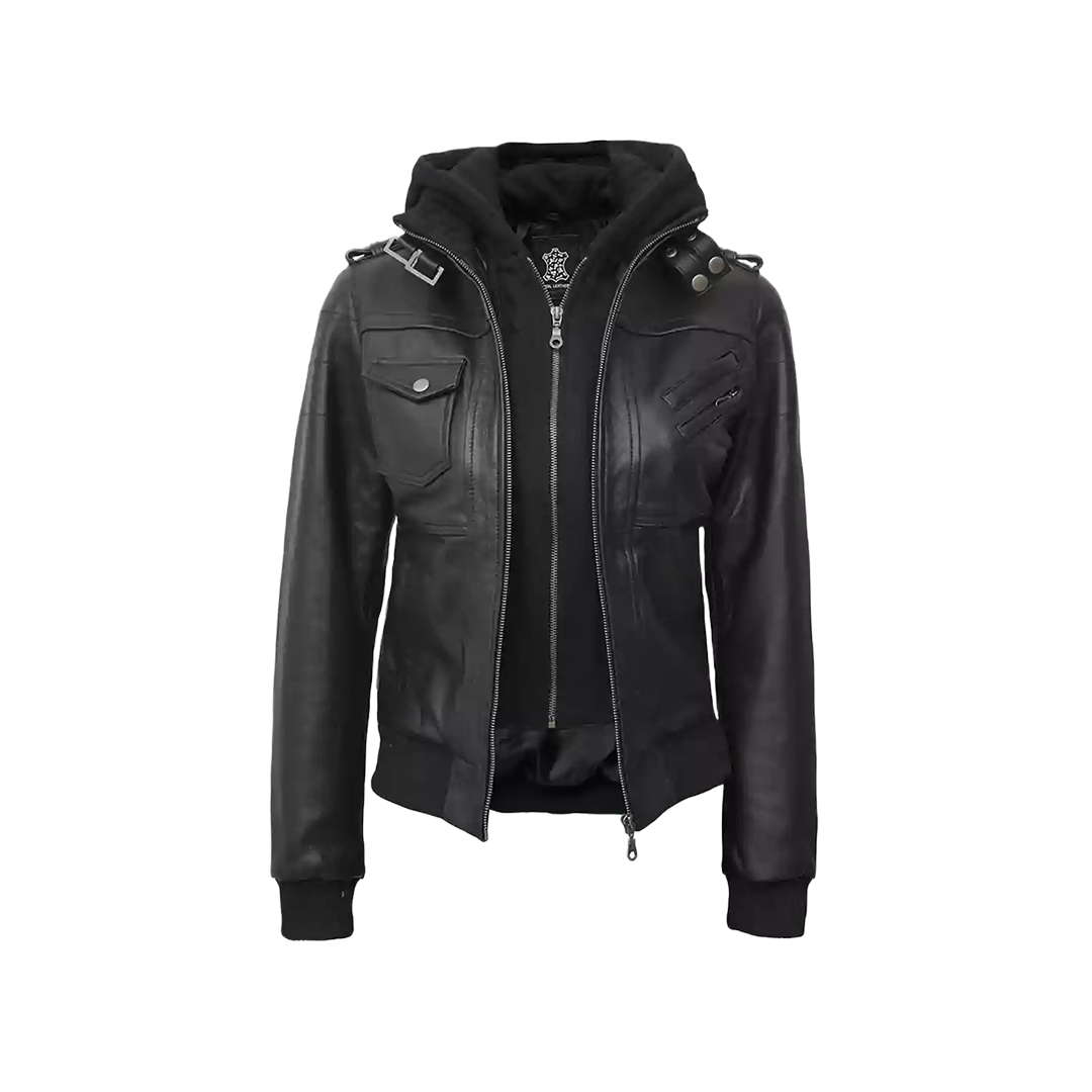Edinburgh Women's Bomber Black Leather Jacket with Removable Hood
