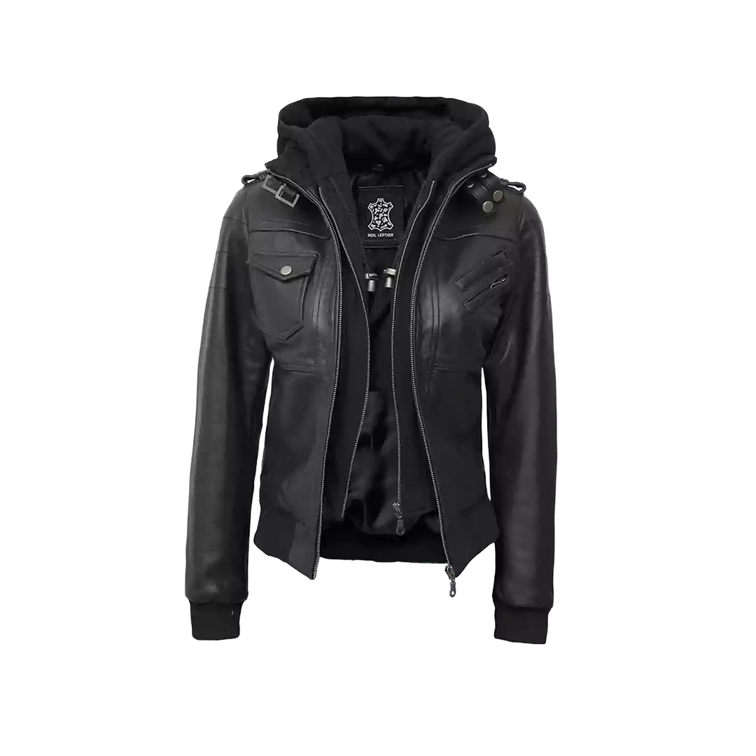 Edinburgh Women's Bomber Black Leather Jacket with Removable Hood