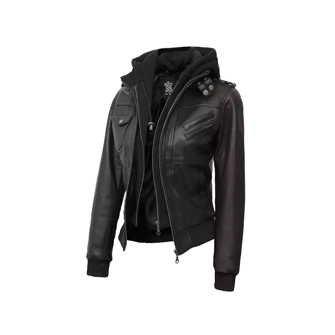 Edinburgh Women's Bomber Black Leather Jacket with Removable Hood