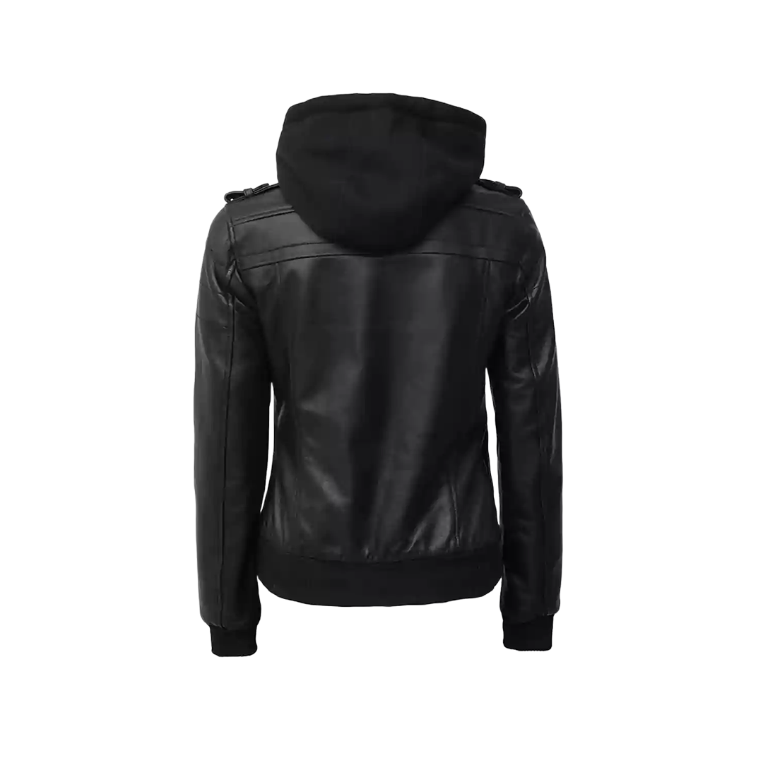 Edinburgh Women's Bomber Black Leather Jacket with Removable Hood