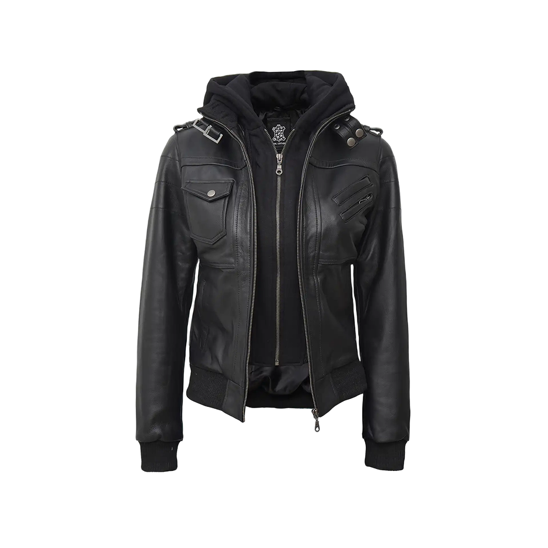 Edinburgh Women's Bomber Black Leather Jacket with Removable Hood