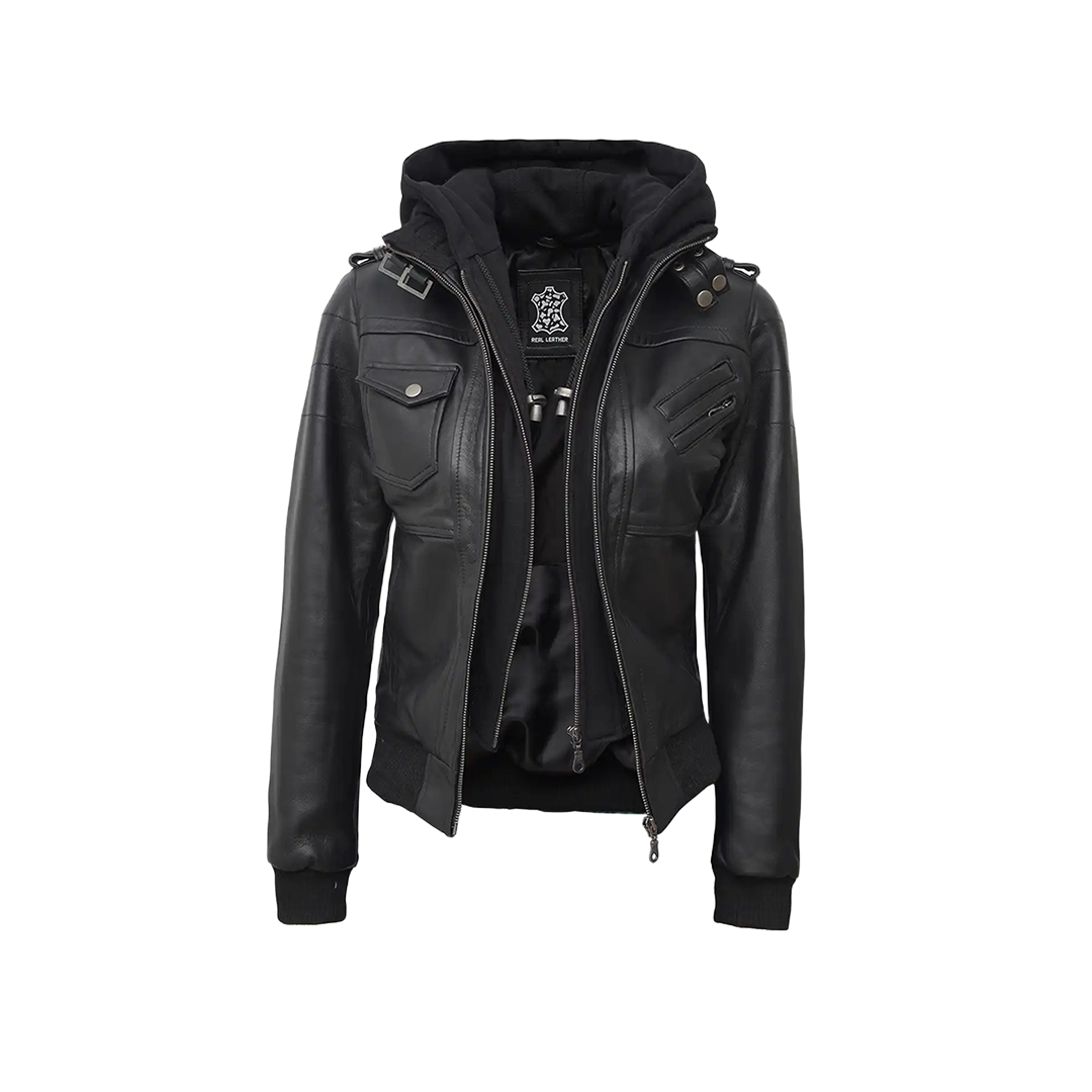 Edinburgh Women's Bomber Black Leather Jacket with Removable Hood