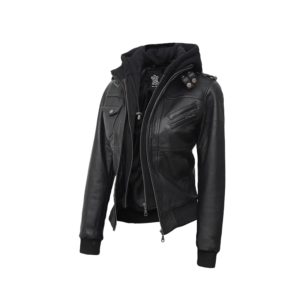 Edinburgh Women's Bomber Black Leather Jacket with Removable Hood