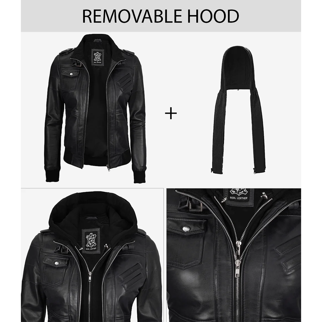 Edinburgh Women's Bomber Black Leather Jacket with Removable Hood