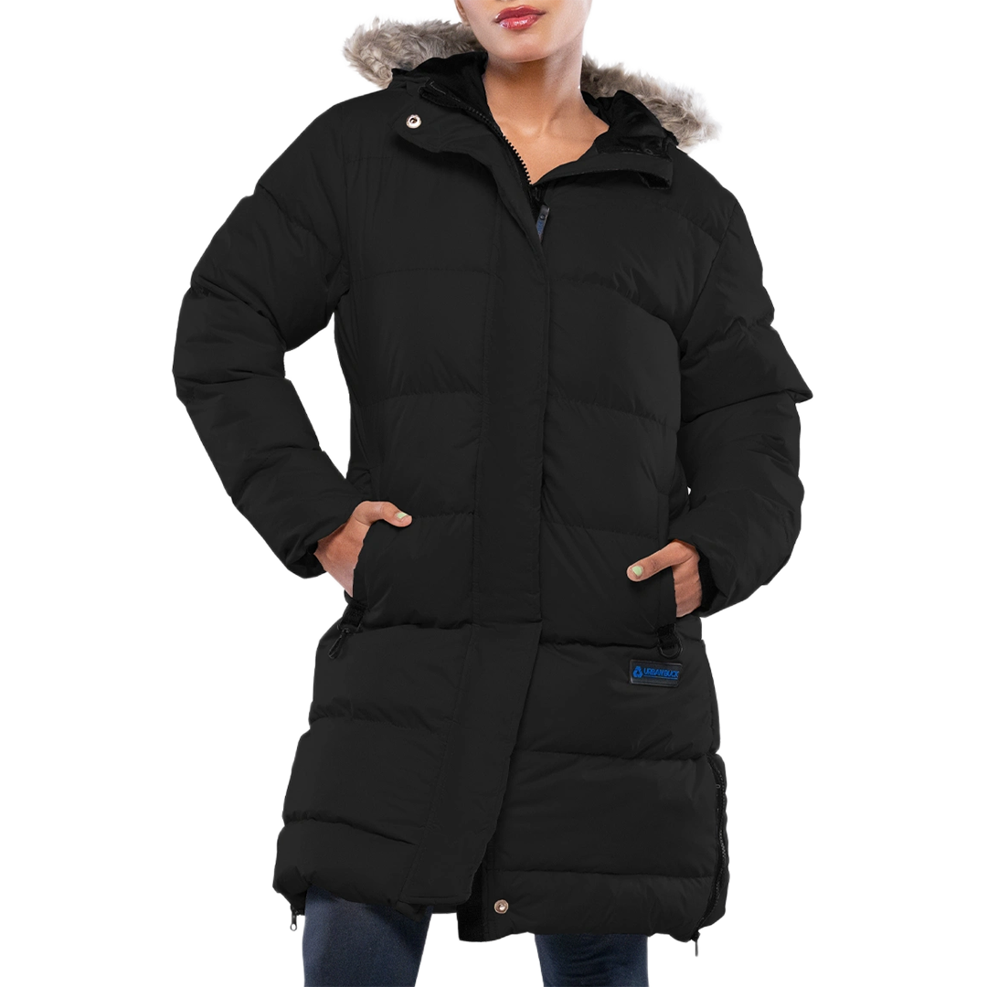 Ella Women's Black Puffer Coat - Faux Fur Trim Hood