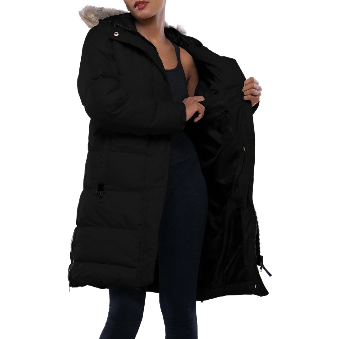 Ella Women's Black Puffer Coat - Faux Fur Trim Hood