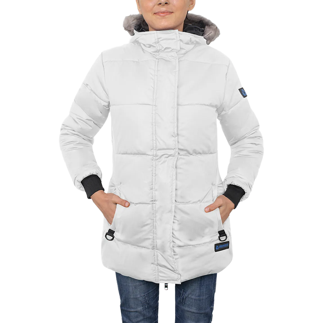 Ella Women's White Puffer Coat - Faux Fur Trim Hood