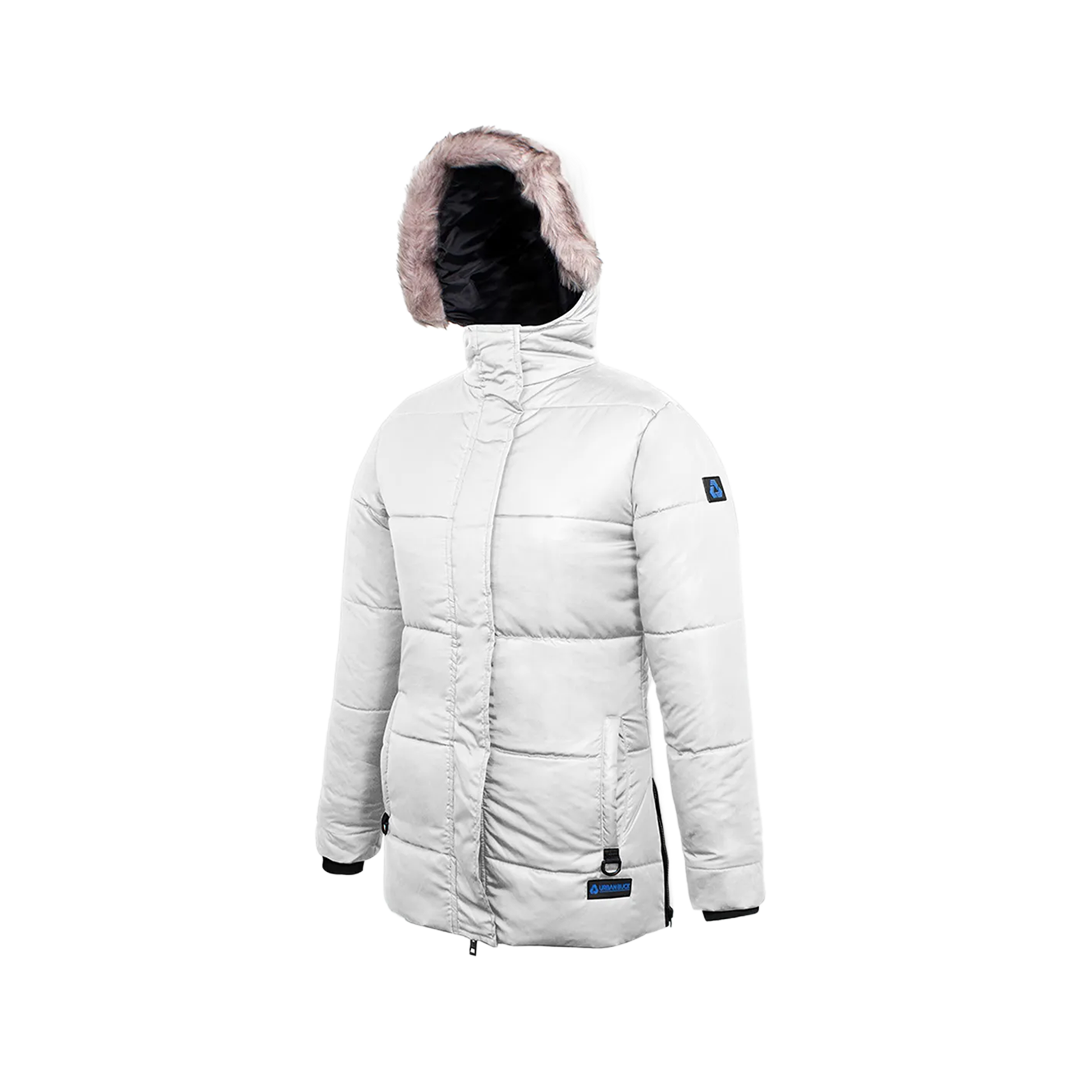 Ella Women's White Puffer Coat - Faux Fur Trim Hood
