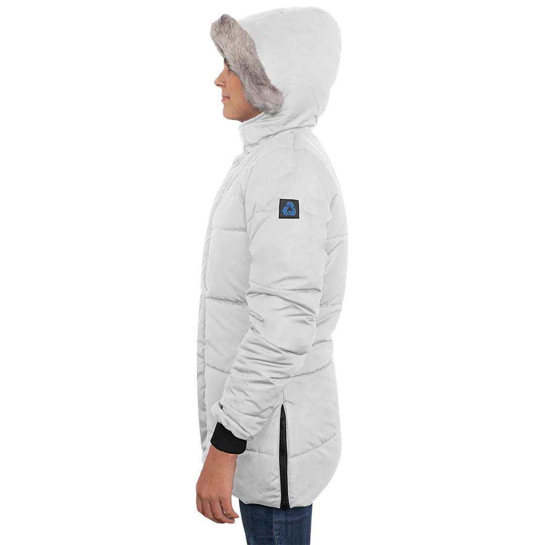 Ella Women's White Puffer Coat - Faux Fur Trim Hood
