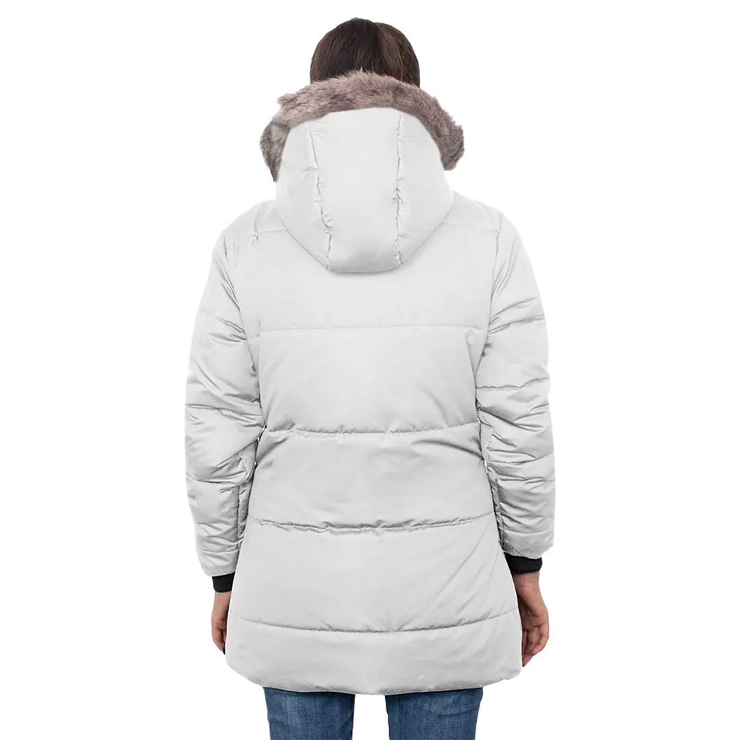 Ella Women's White Puffer Coat - Faux Fur Trim Hood