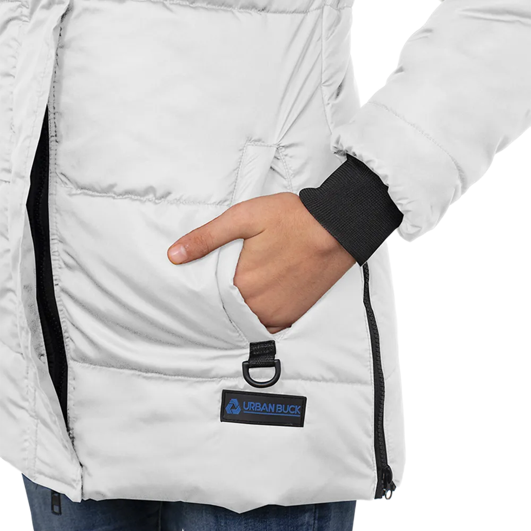 Ella Women's White Puffer Coat - Faux Fur Trim Hood