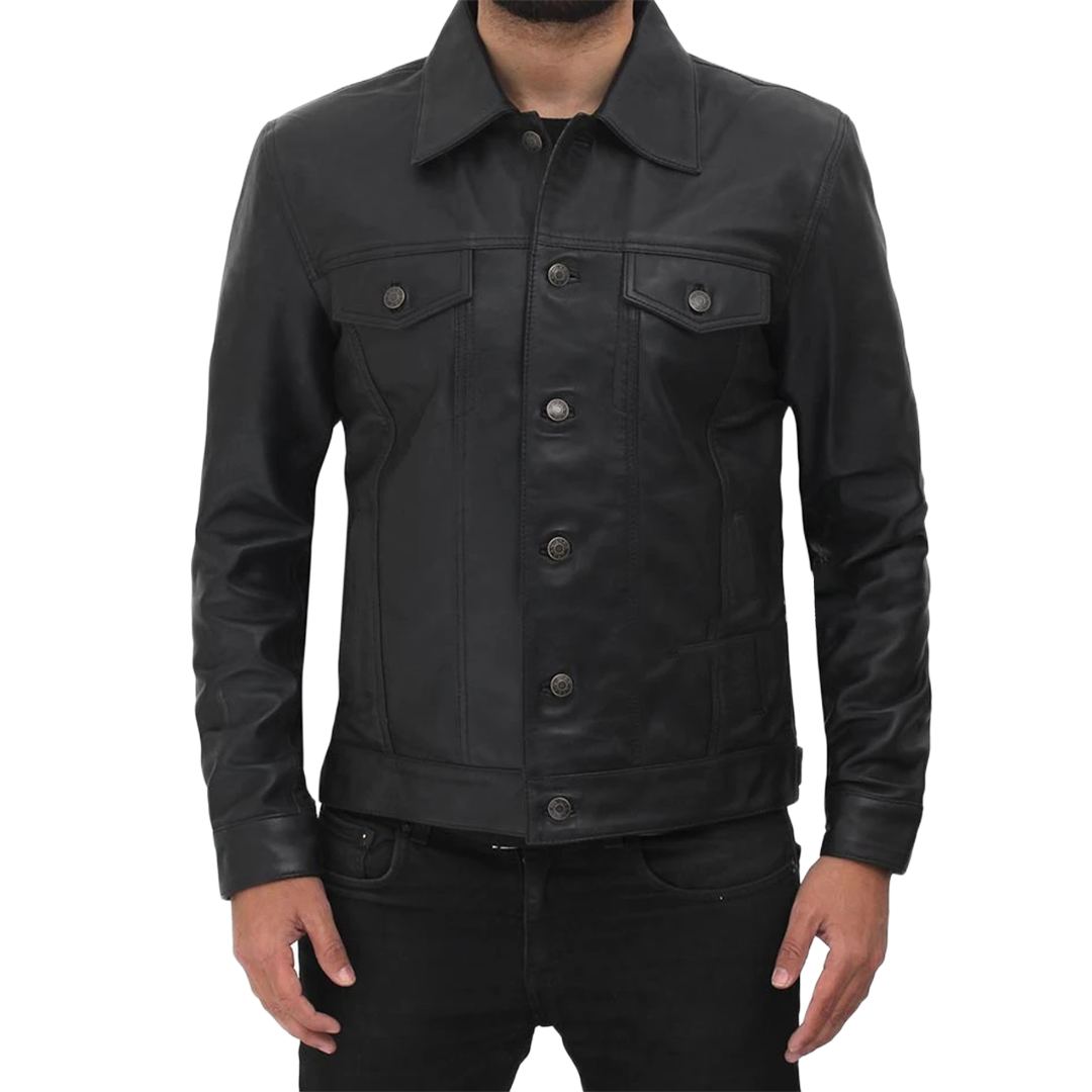 Fernando Black Leather Trucker Jacket