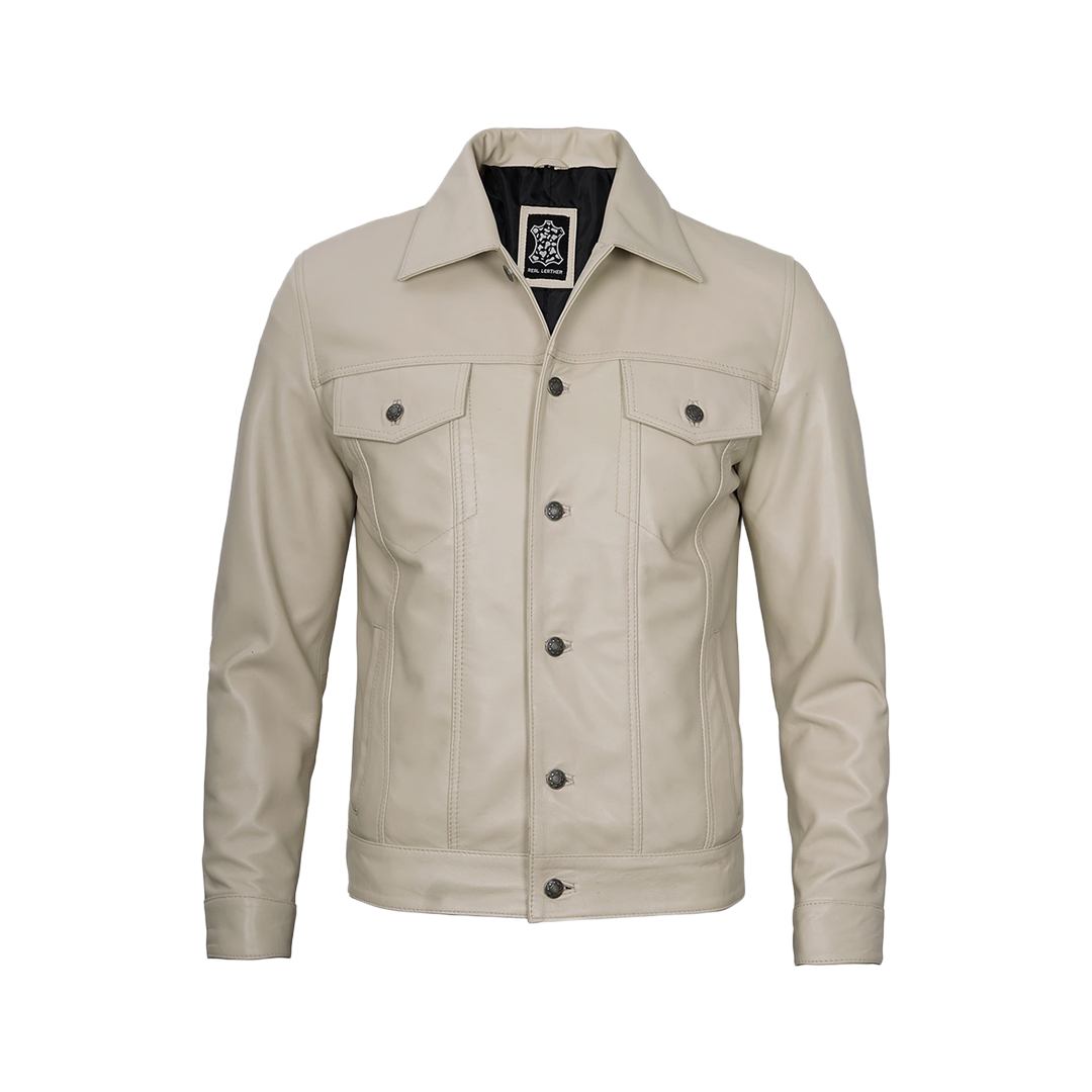 Fernando Men's Beige Real Trucker Leather Jacket