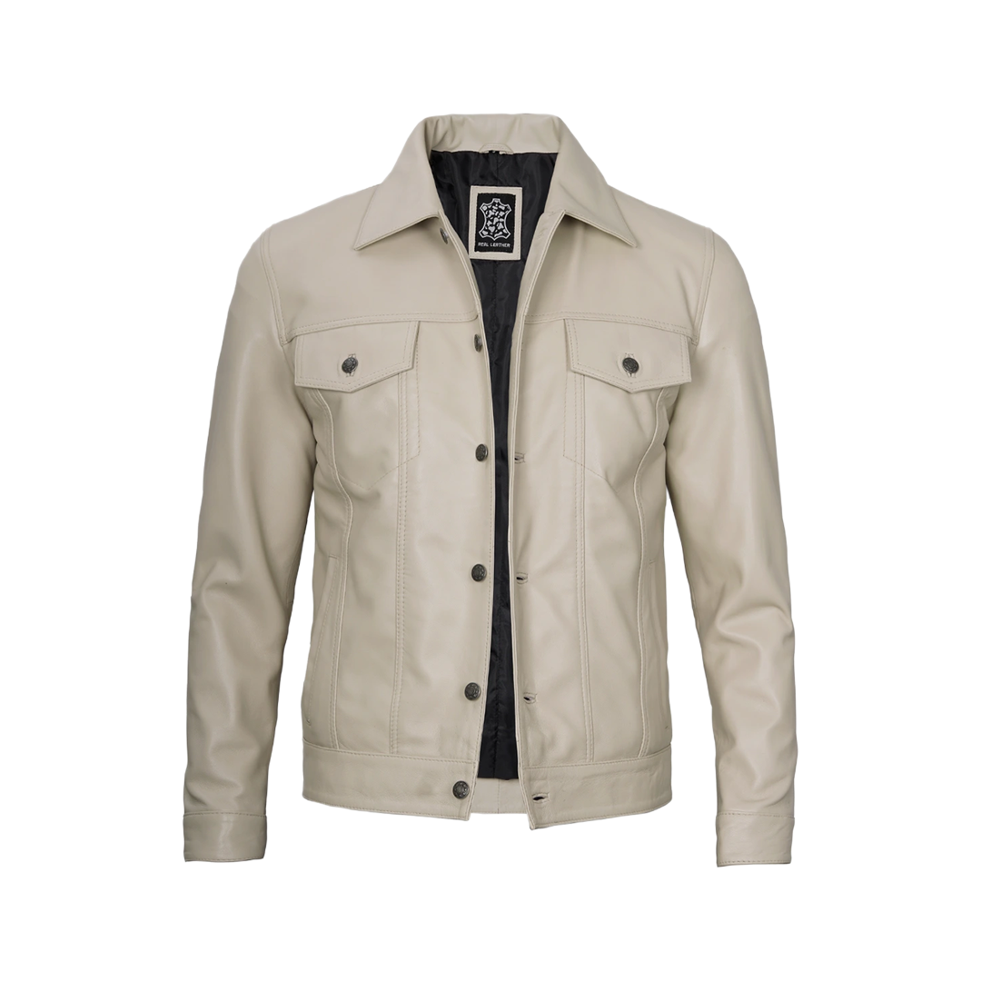 Fernando Men's Beige Real Trucker Leather Jacket