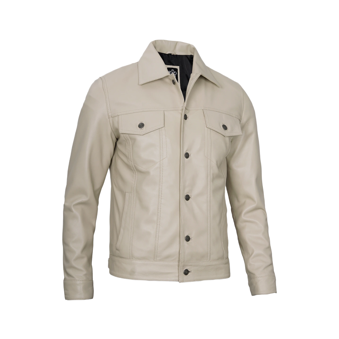 Fernando Men's Beige Real Trucker Leather Jacket