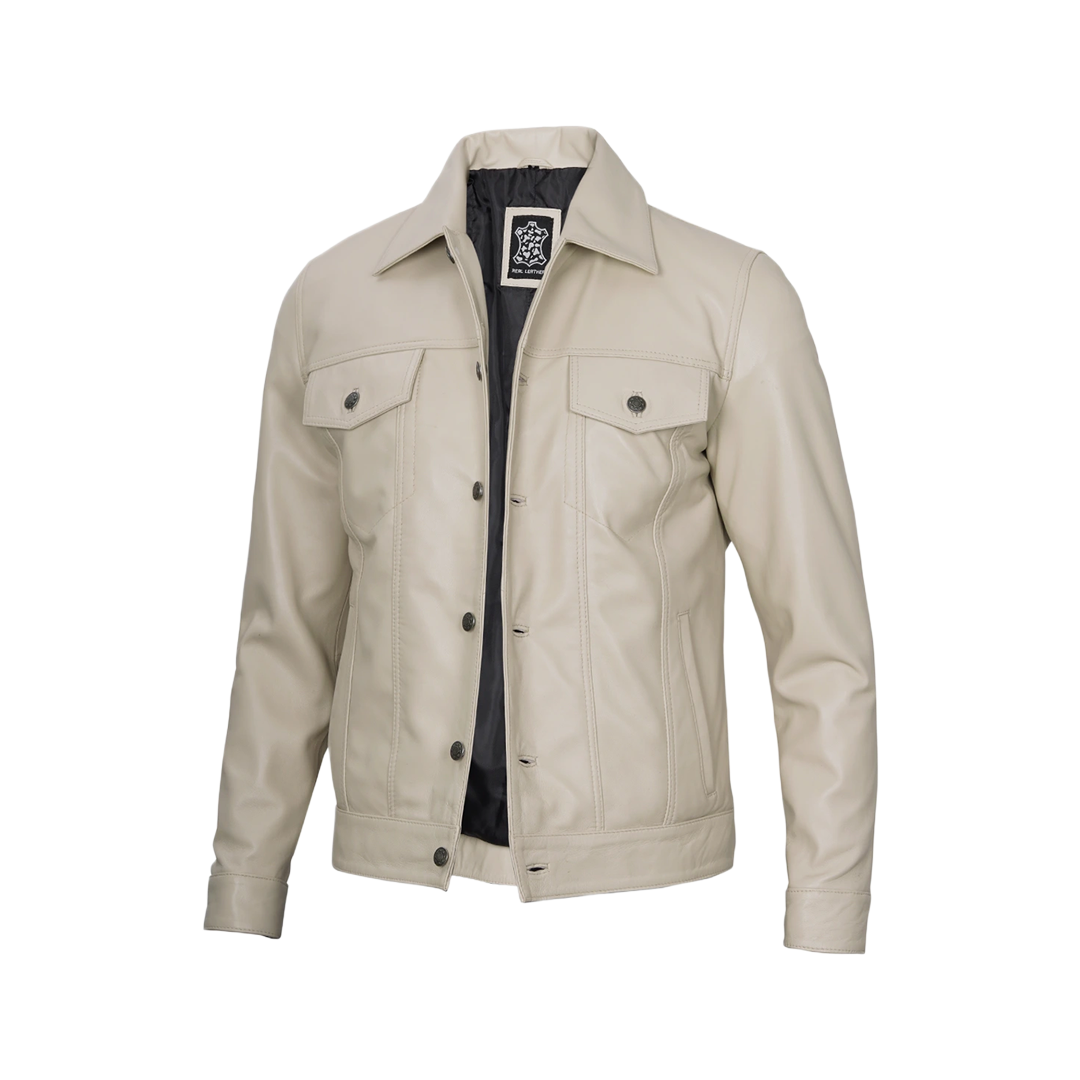 Fernando Men's Beige Real Trucker Leather Jacket