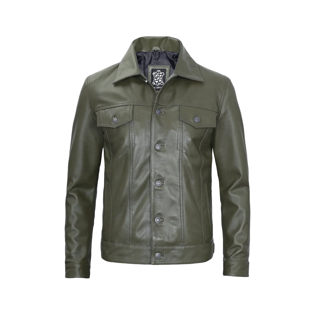 Fernando Men's Dark Green Real Trucker Leather Jacket