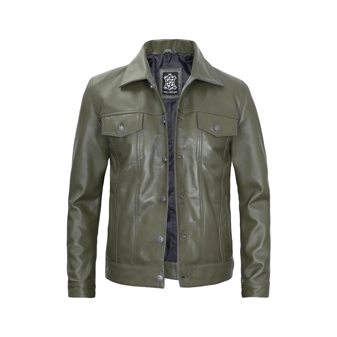 Fernando Men's Dark Green Real Trucker Leather Jacket