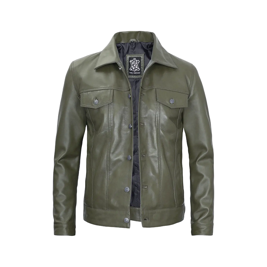 Fernando Men's Dark Green Real Trucker Leather Jacket