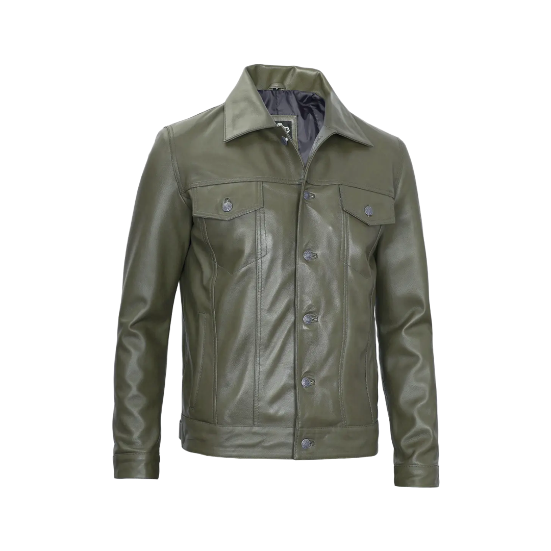 Fernando Men's Dark Green Real Trucker Leather Jacket