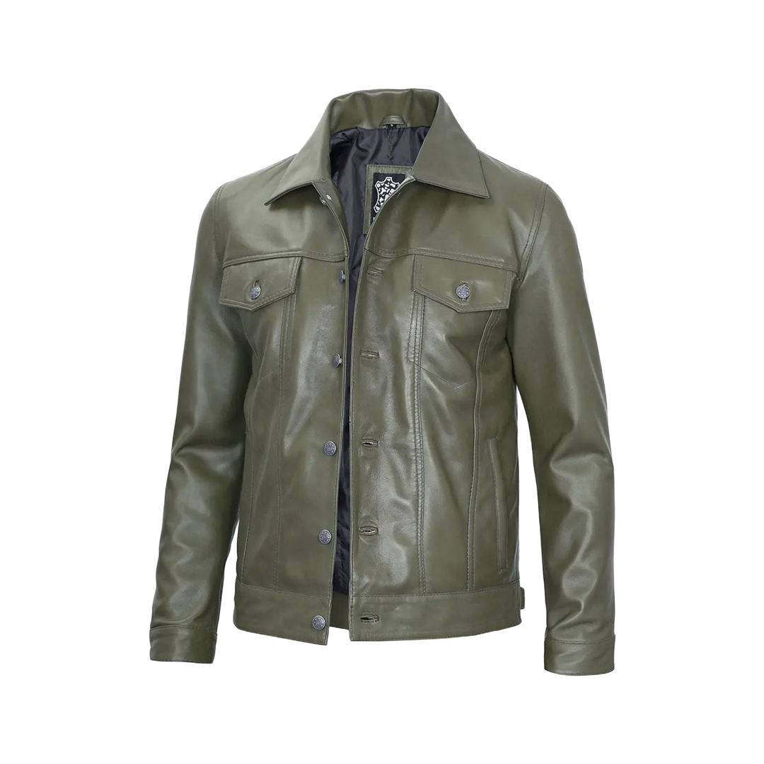 Fernando Men's Dark Green Real Trucker Leather Jacket