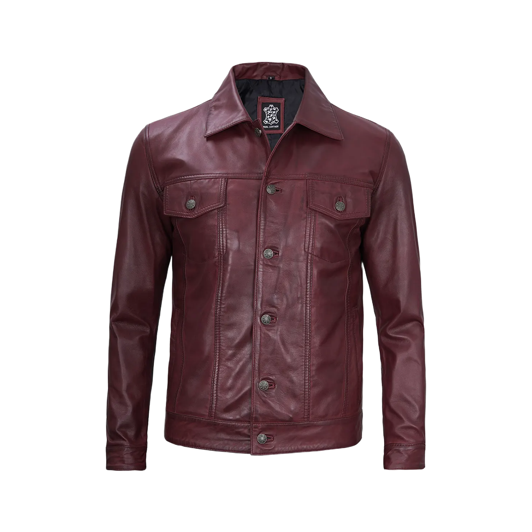 Men's Burgundy Real Leather Trucker Jacket