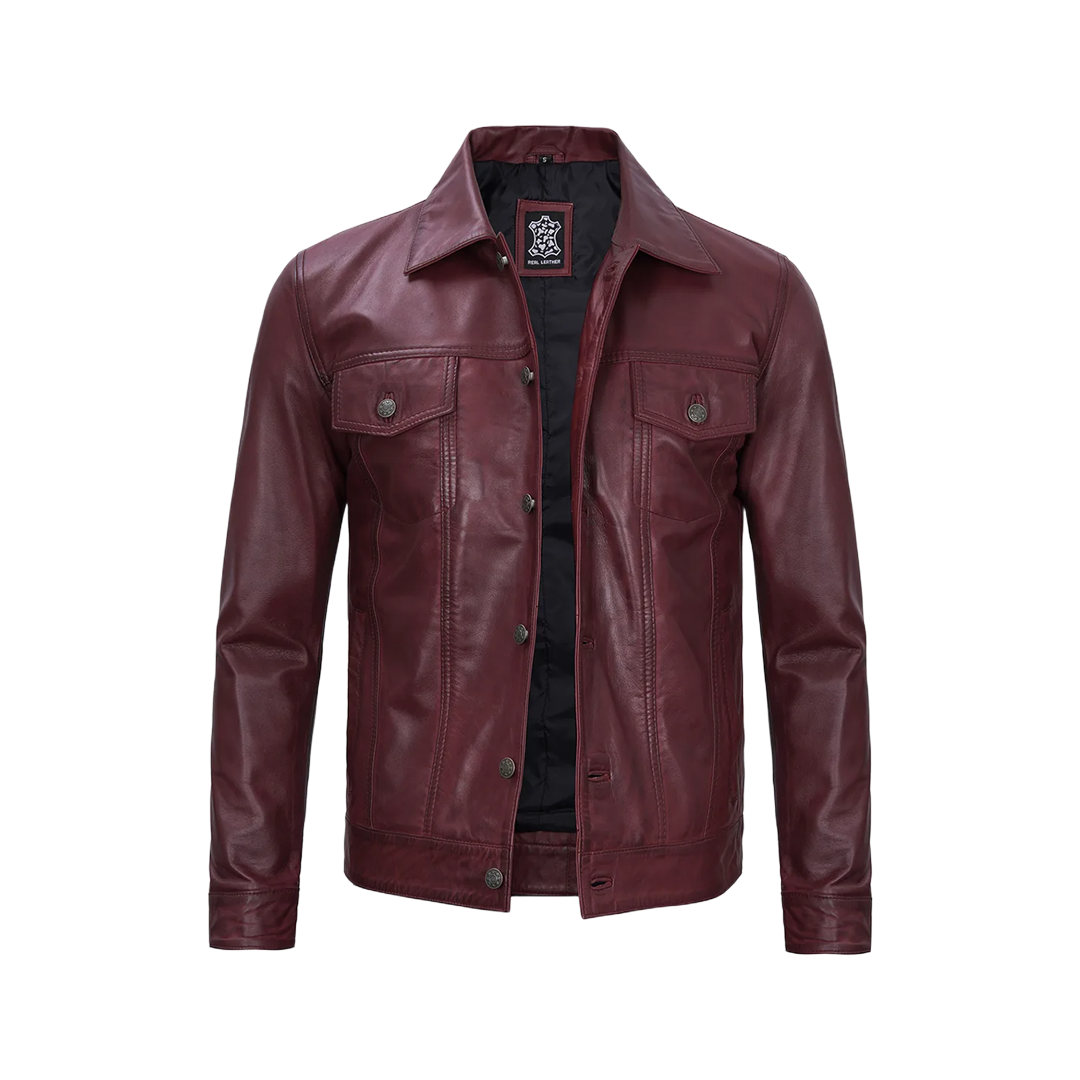 Men's Burgundy Real Leather Trucker Jacket