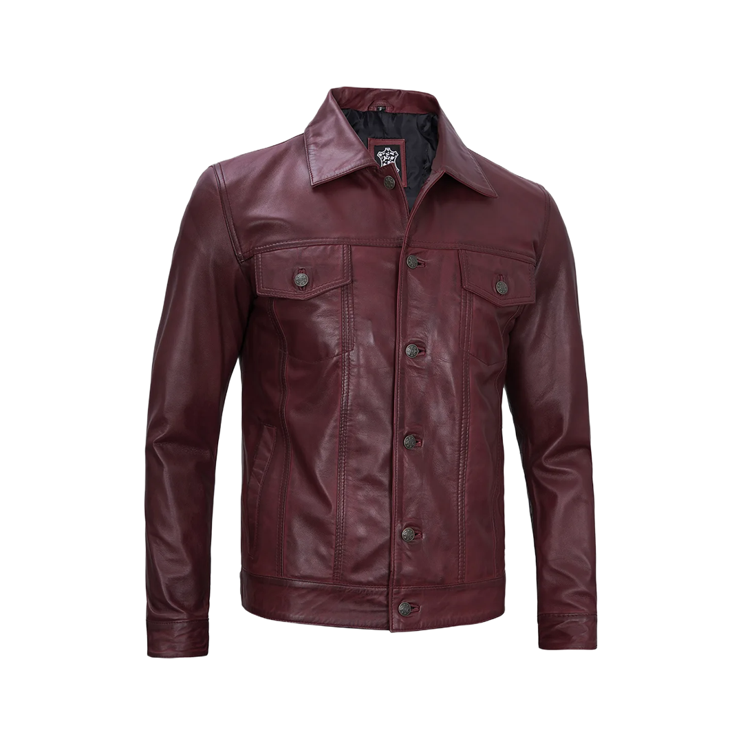 Men's Burgundy Real Leather Trucker Jacket